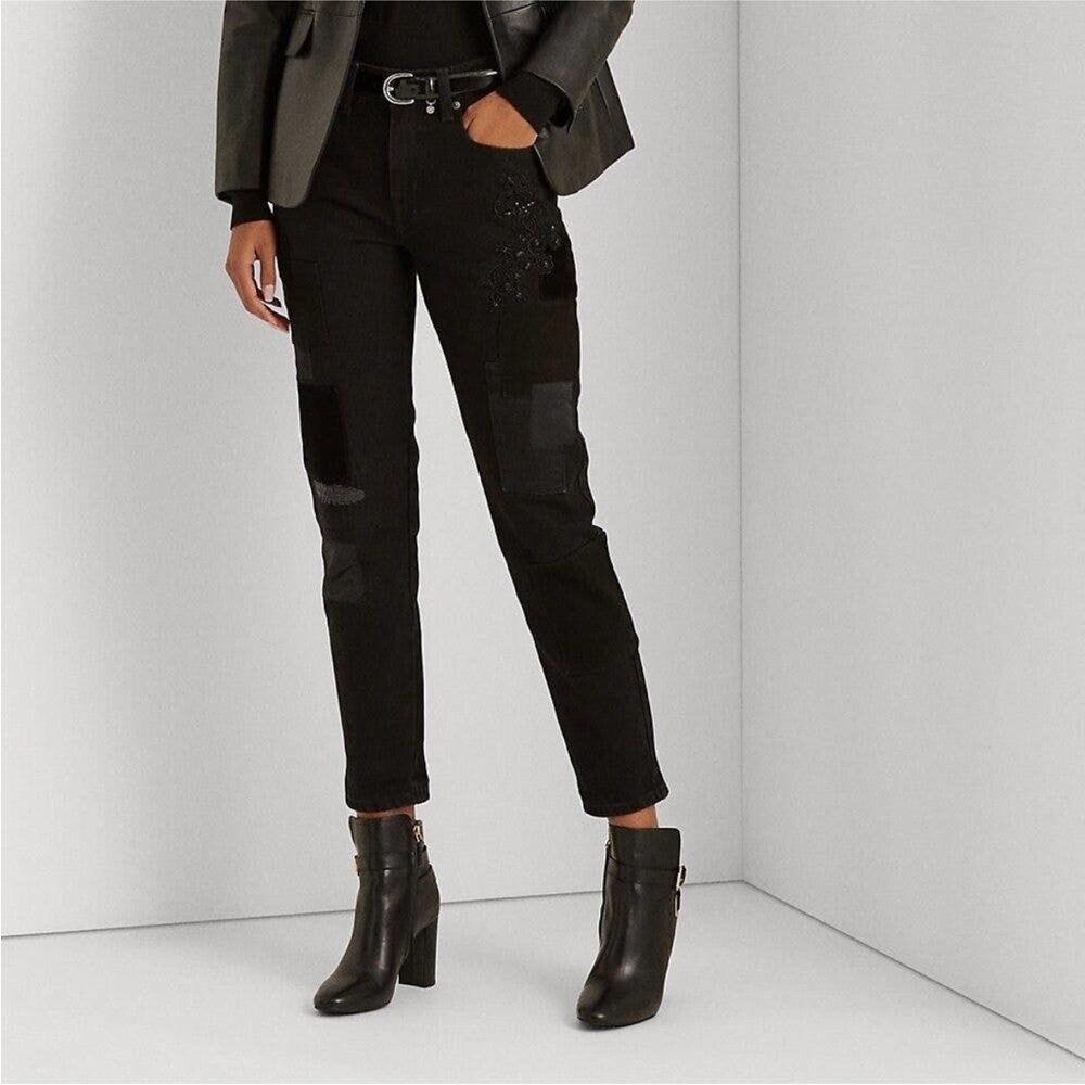 Lauren Ralph Lauren Embroidered Patchwork Tapered Jeans in Black Size 12
